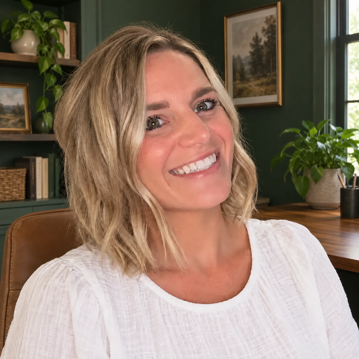 Bonnie, Billing at Quack Rentals, in her forest green home office